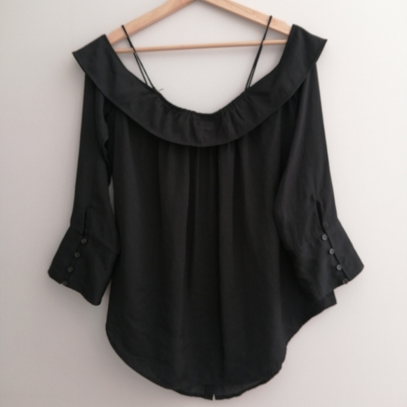 Free People Walk This Way Off the Shoulder Black Satin Button Blouse Small - Picture 3 of 14